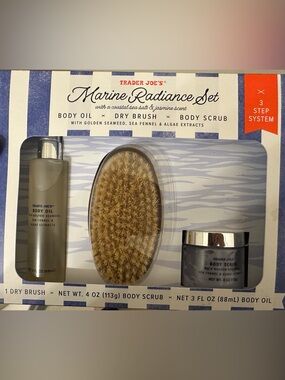 The Trader Joe's Marine Radiance Set is designed as a three-step body care